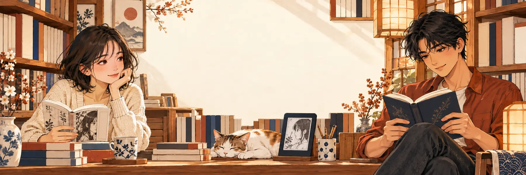 Illustration of two readers in a cozy Japanese-style reading room, one with a manga and one with a book, a cat sleeping between them